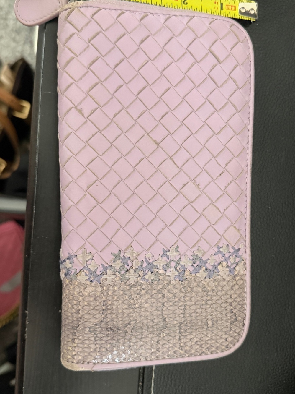 Bottega Veneta Intrecciato Leather and Snakeskin Zip Around Wallet Lavender Pink